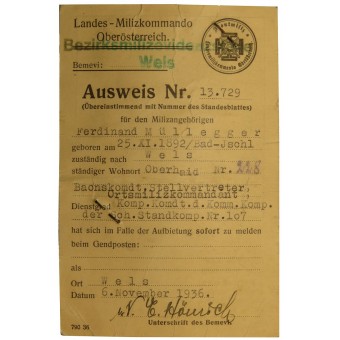 Österreichische Urkunde, ausgestellt für das Mitglied der Landmiliz. Jahr 1936. Espenlaub militaria